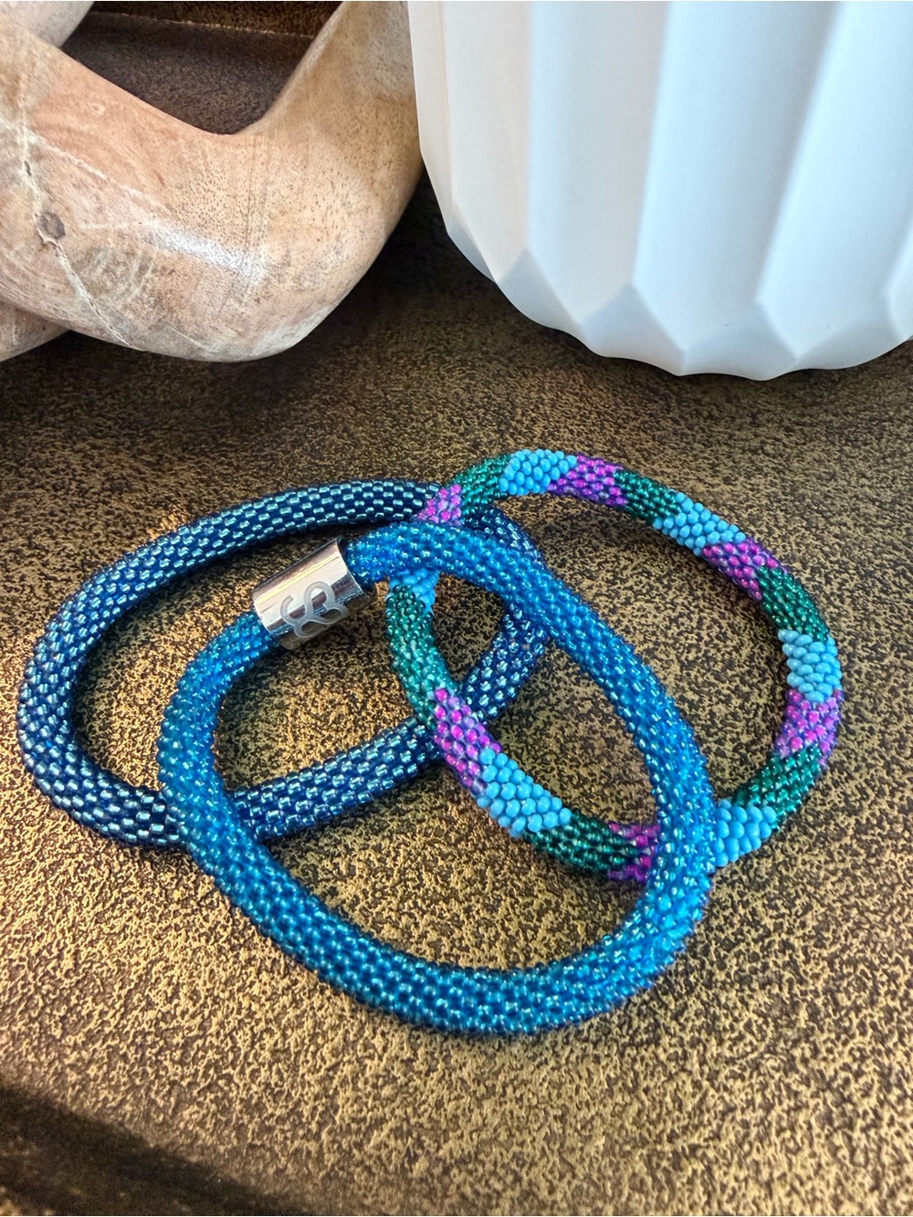 Trio of Beaded Rope Bracelets in Teal, Blue & Turquoise